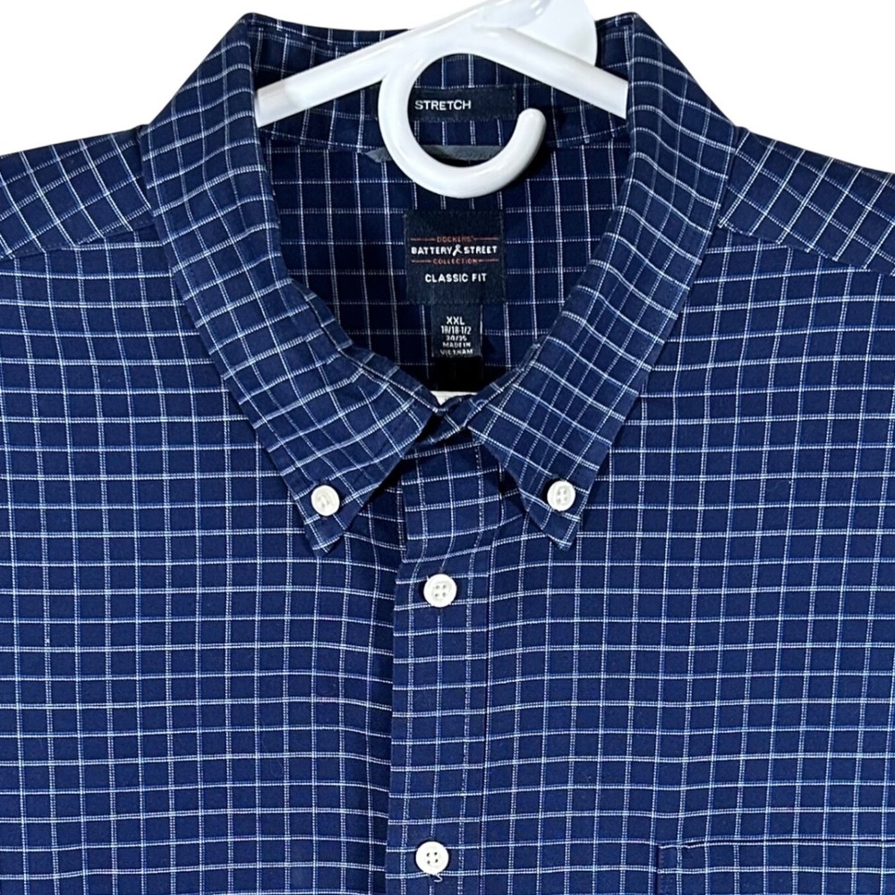 Dockers Battery‎ Street Mens 2XL Blue Windowpane Check Stretch Button Down Shirt